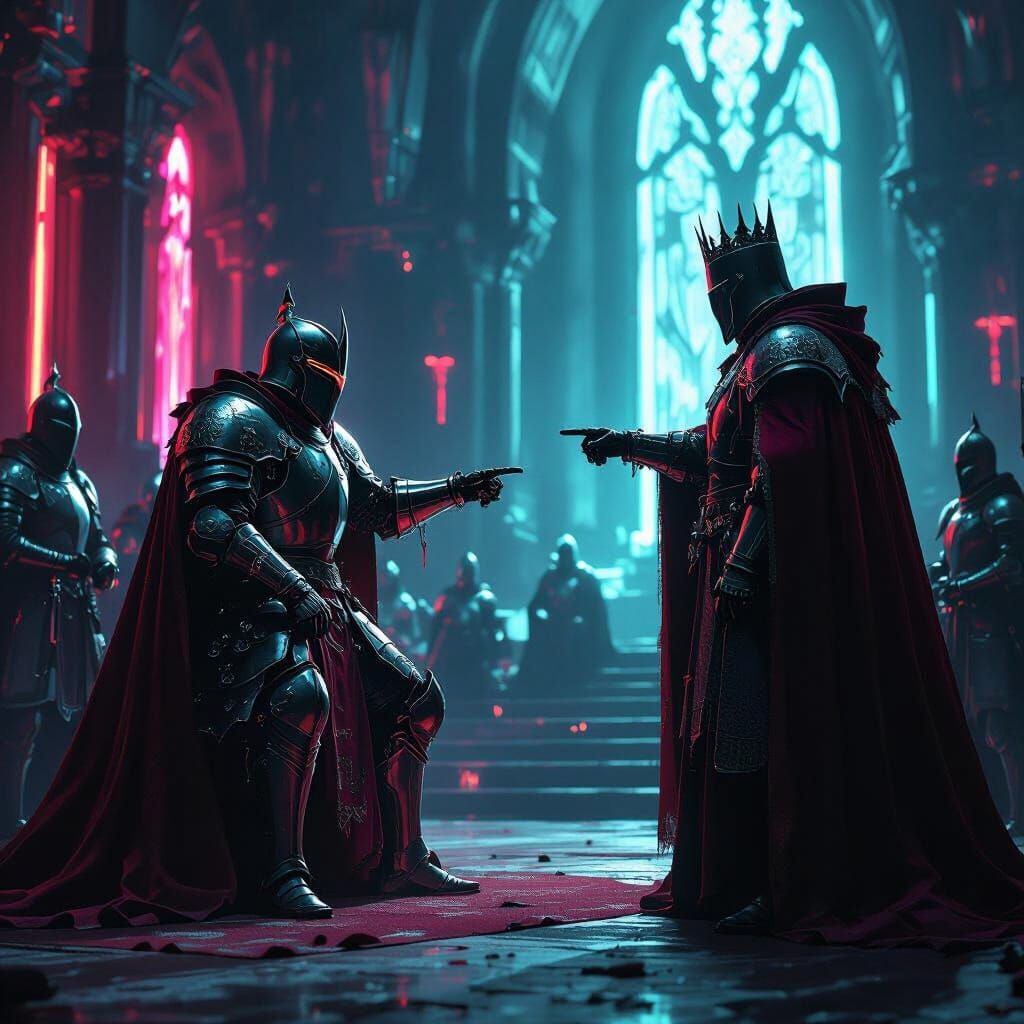 Futuristic Knight Executes King in Dystopian Throne Room