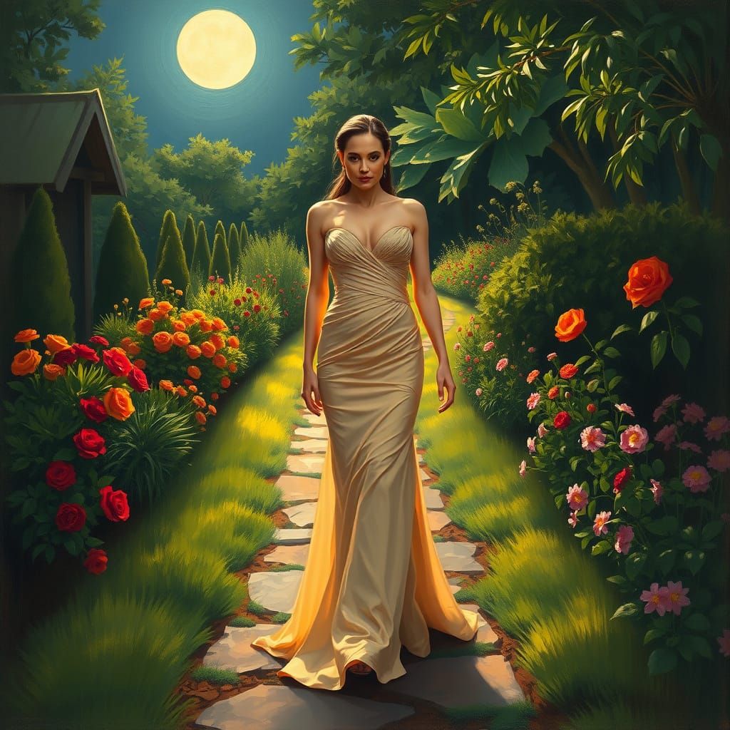 Angelina Jolie in Serene, Moonlit Garden Setting, in the Sty...
