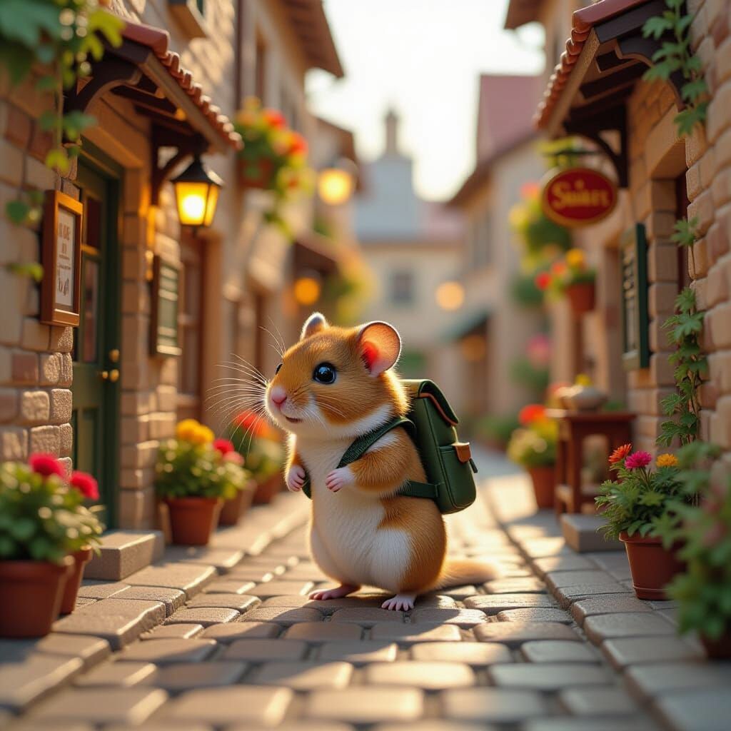 Hamster Explorer in Miniature Ghibli Alleyway