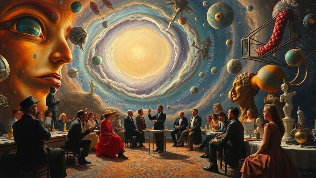 Surrealist Gathering in Andromeda as Oil Painting