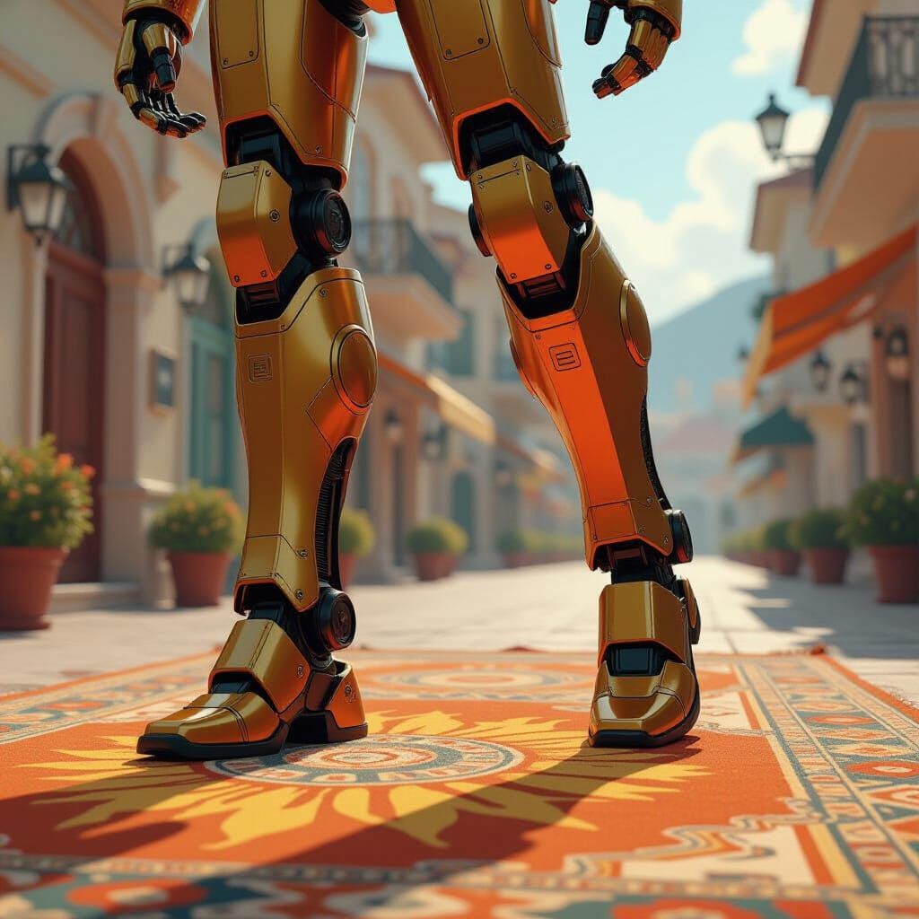 Golden Robot Legs on Mediterranean Rug: Hyperrealistic Art
