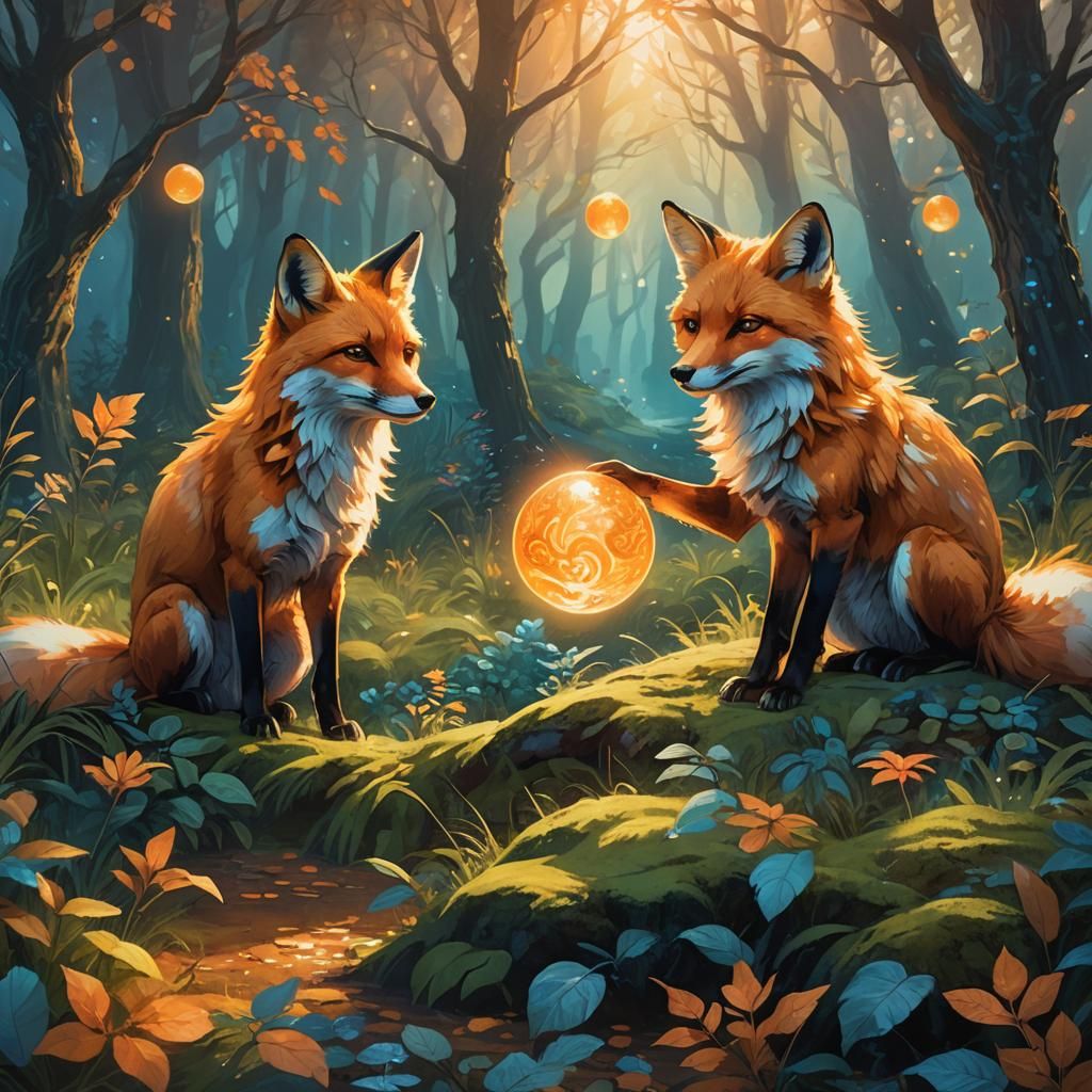 Foxes Playing with Glowing Ball in Forest