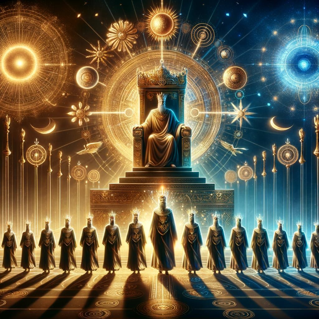 Majestic Royal Throne with Golden Crown in Blue and Gold Lig...