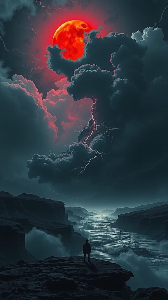 Apocalyptic Landscape Under a Blood-Red Moon