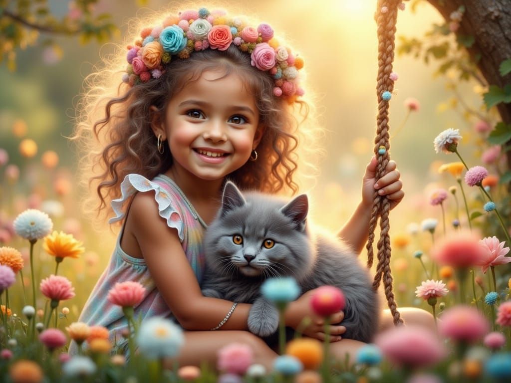 Whimsical Girl and Kitten in a Vibrant Spring Garden