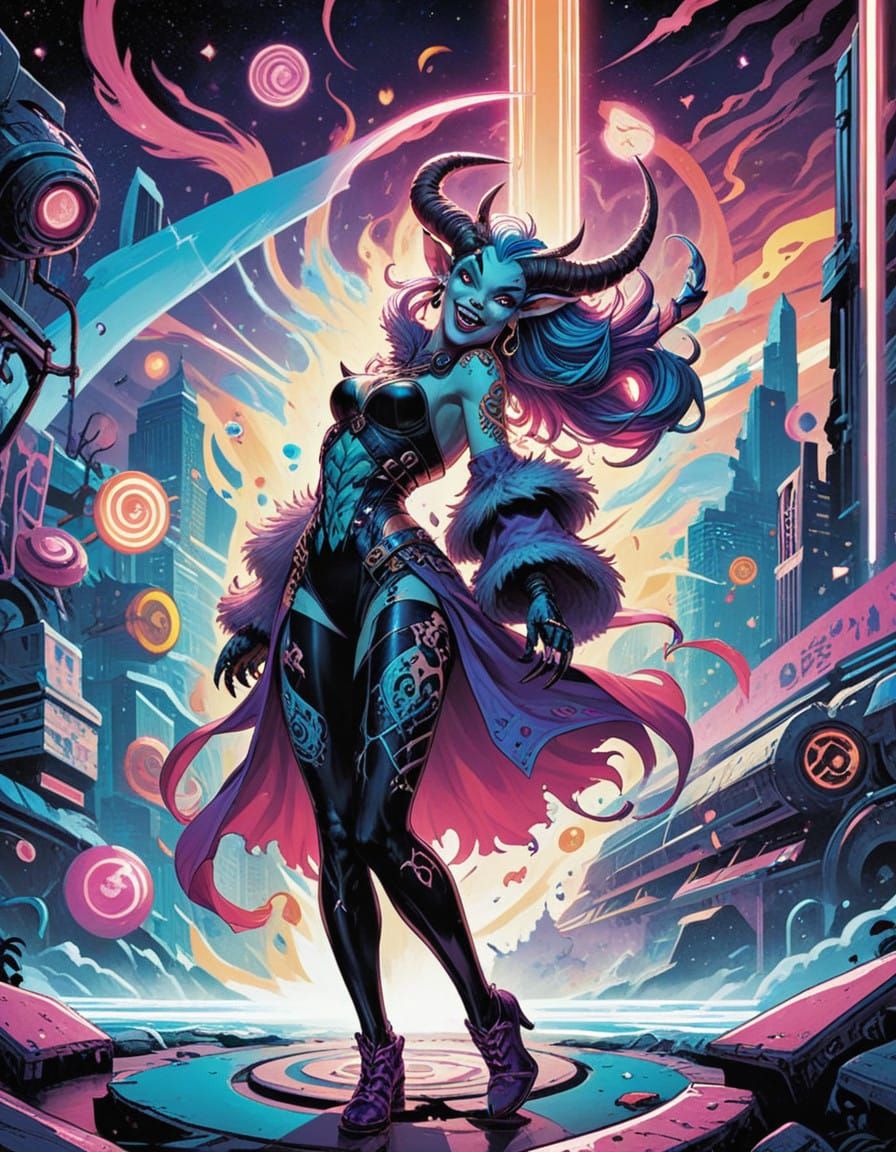 Vibrant Punk-Inspired Fantasy Character in Angular Comic Art