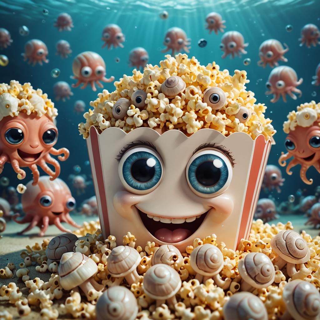 Cartoon Popcorn Box with Snail Eyes Watching 3D Movie