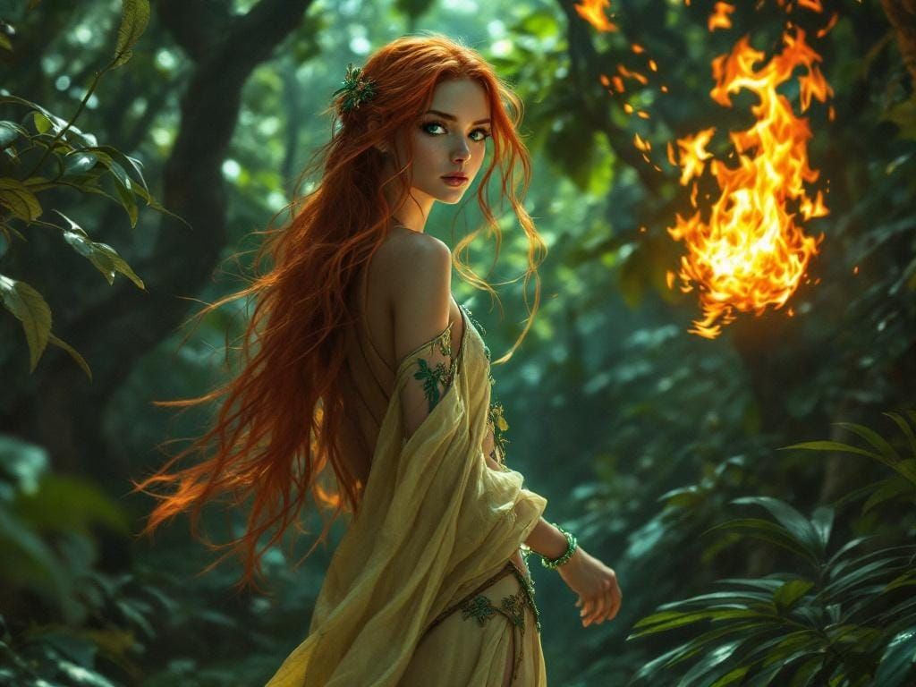Fiery Woman Conjures Spell in Lush Forest