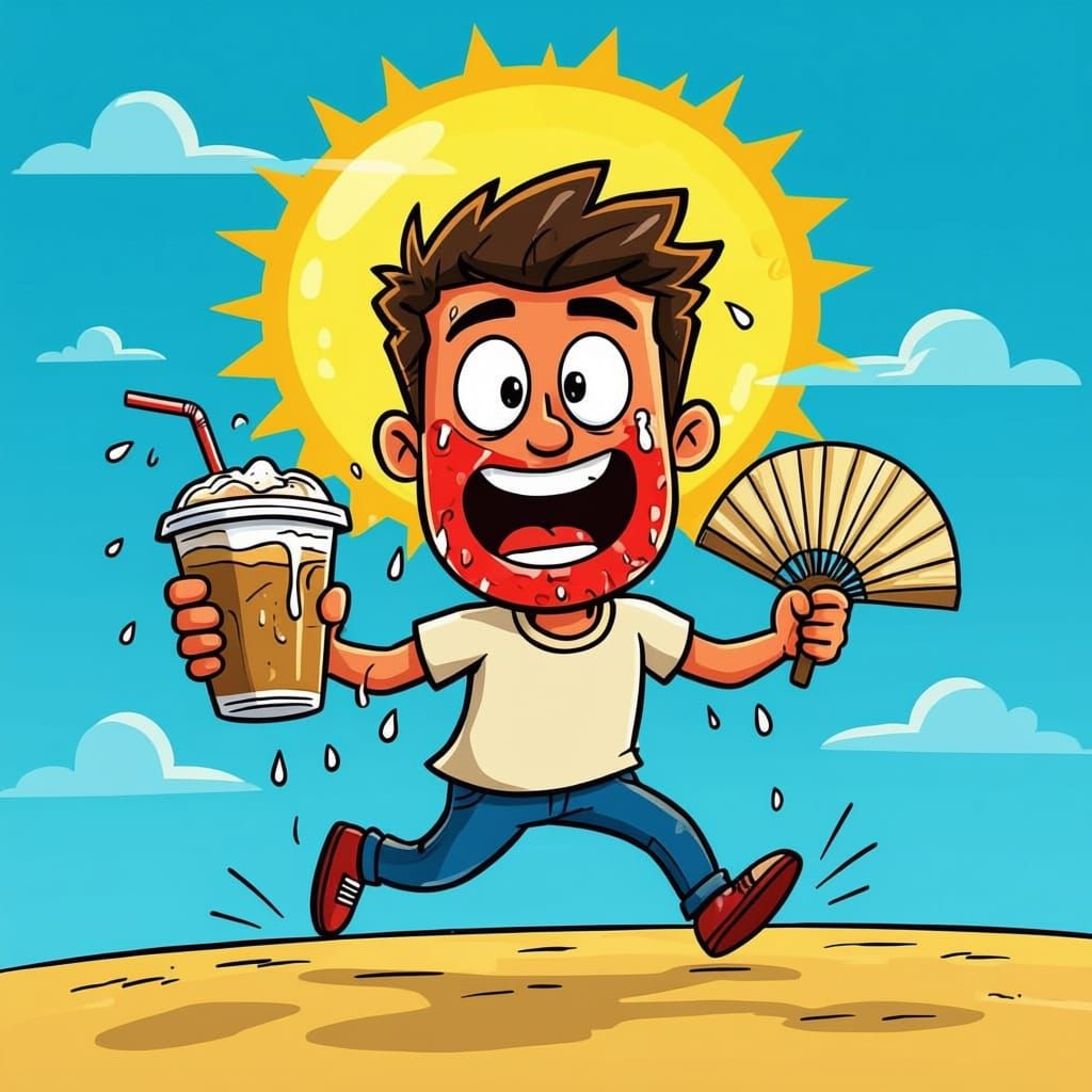 Man Running in Hot Weather with Iced Coffee