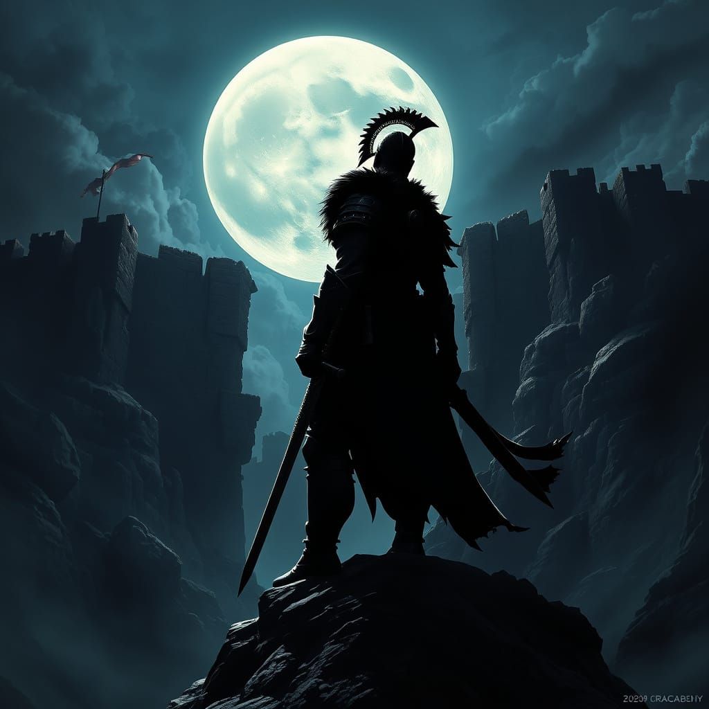Epic Warrior on a Siege Battlefield Under a Sinister Moon
