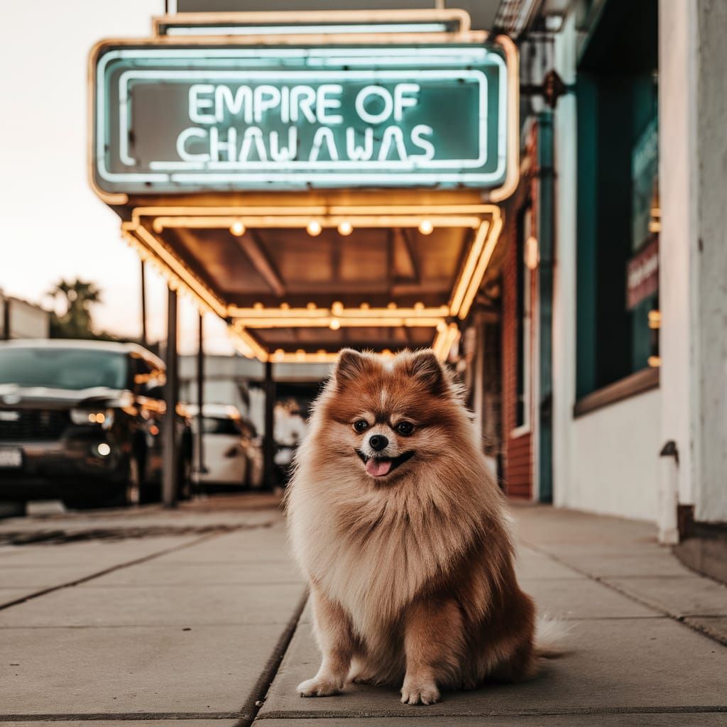 Pomeranian Sits Under Neon Sign