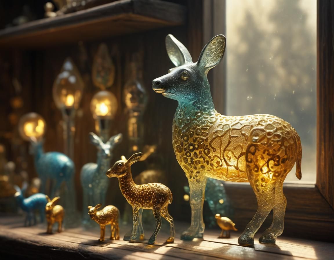 Glass Animals Figurine on Wooden Shelf as Impasto Painting