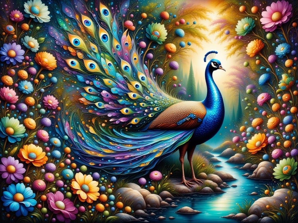 Surreal Peacock Majesty in Fantasy Oil Painting