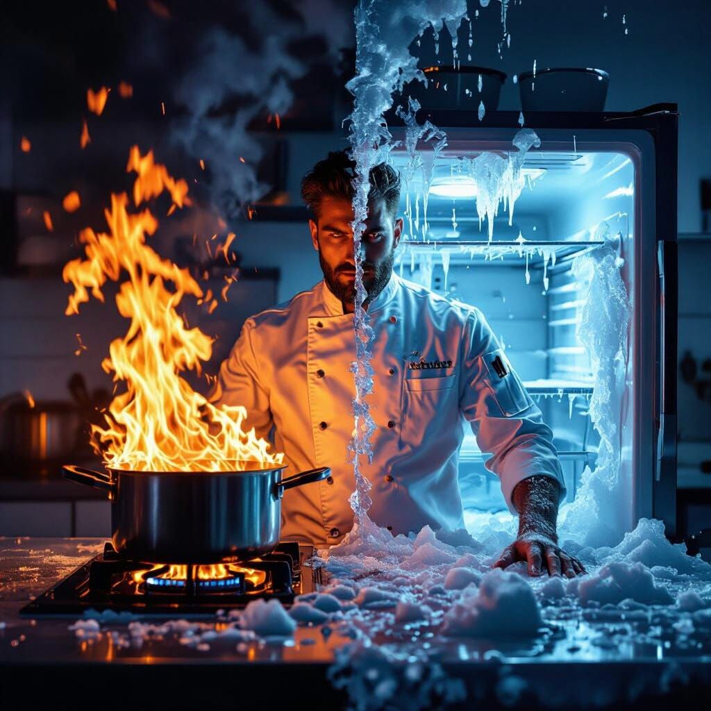Hot and Cold Contrast in a Surreal Kitchen Scene