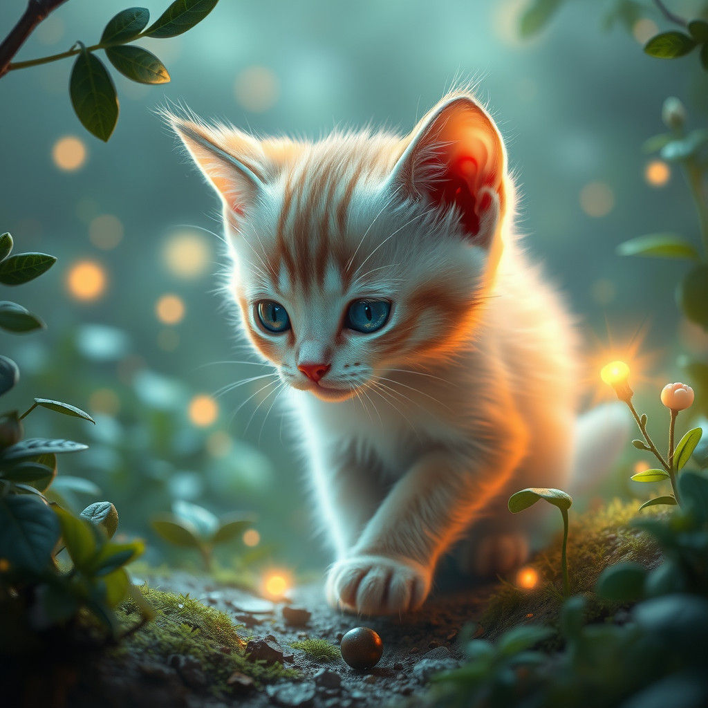 Iridescent Kitten in Dreamlike Fantasy Realm