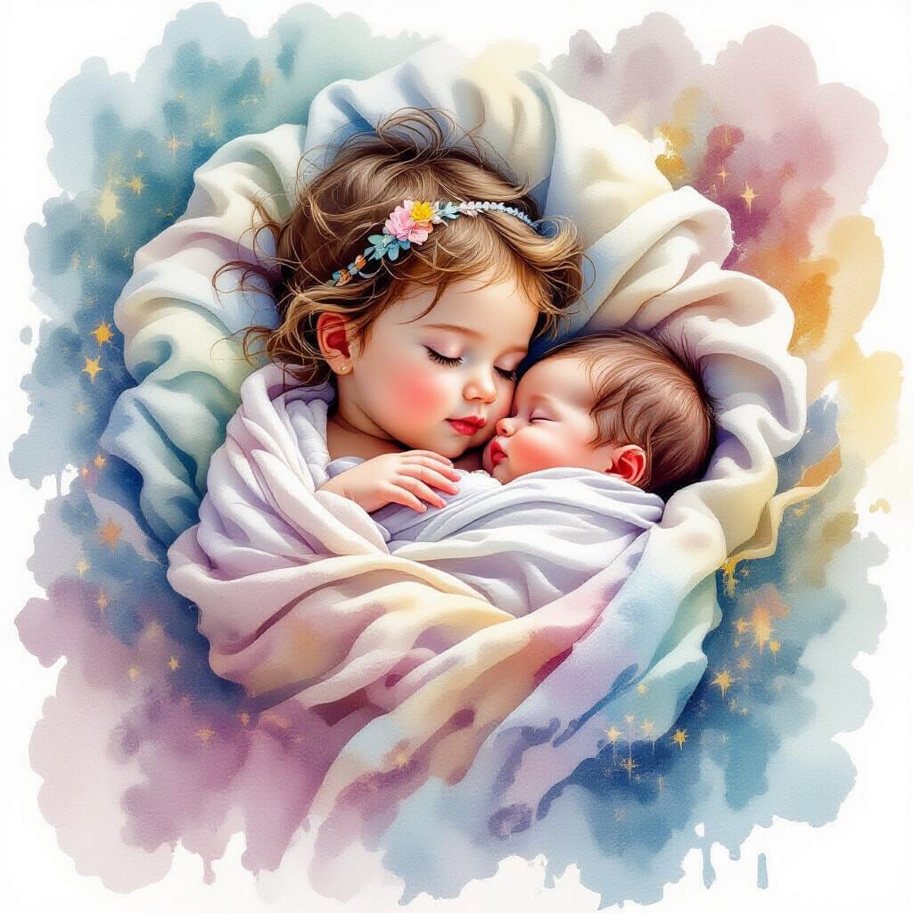 Newborn Baby in Blanket: Watercolor Art