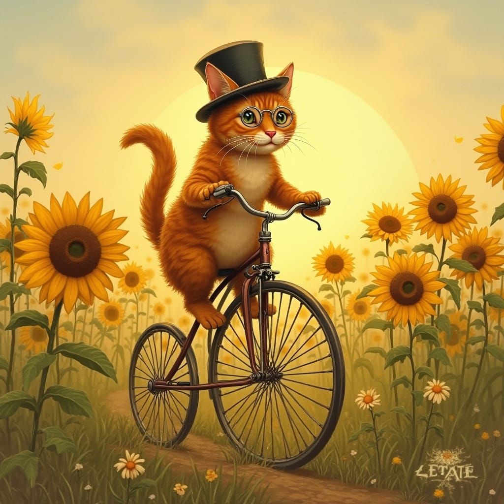 A whimsical scene of a ginger cat riding a penny-farthing bicycle through a field of sunflowers, wearing a tiny top hat ...