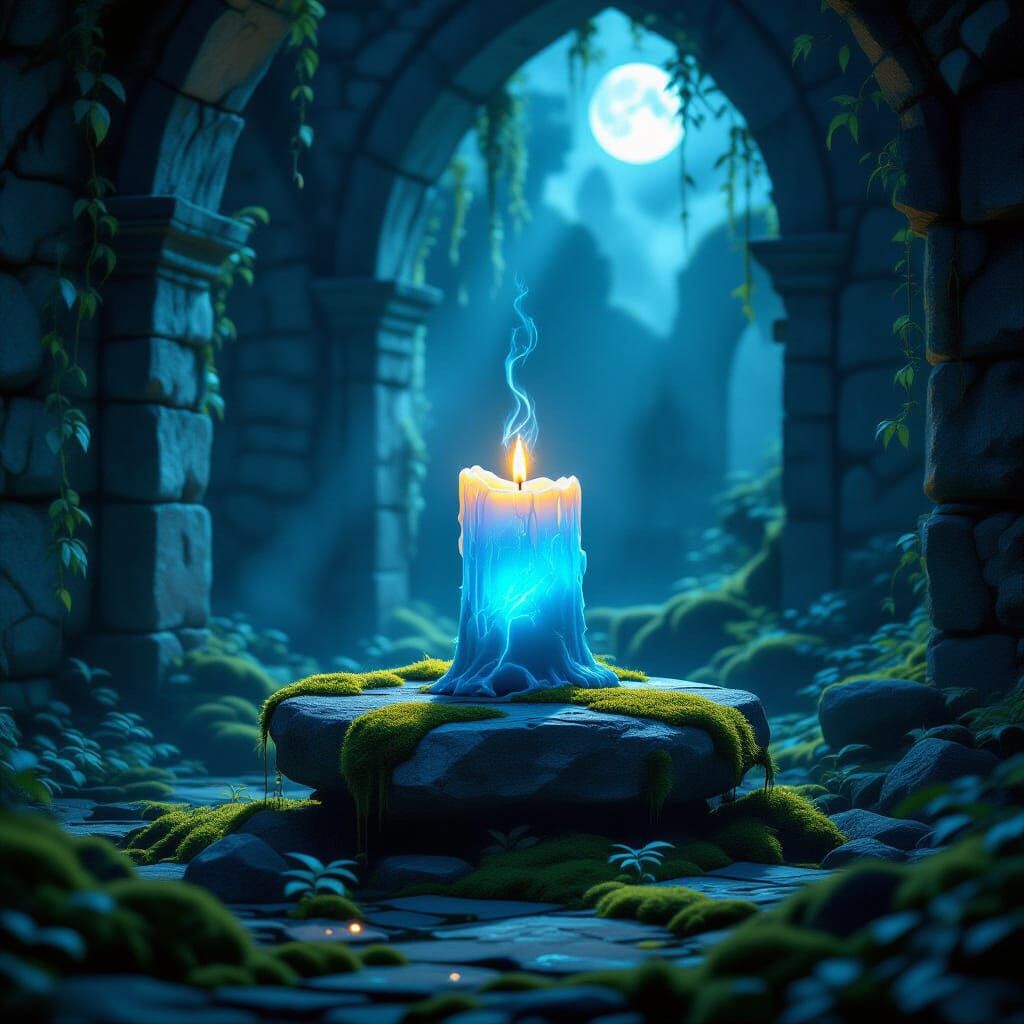 Ethereal Blue Candle in Ancient Ruins