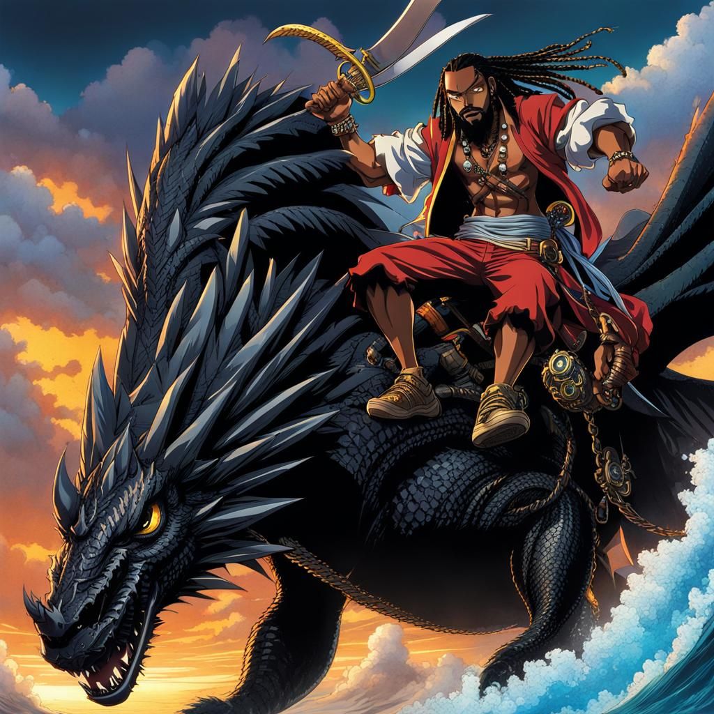 Black Pirate Riding Dragon in One Piece Style