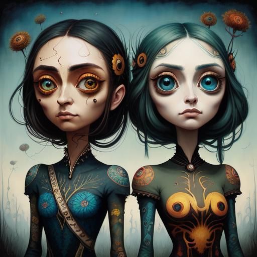 Pop Surrealist Painting of Two Figures with Big Eyes