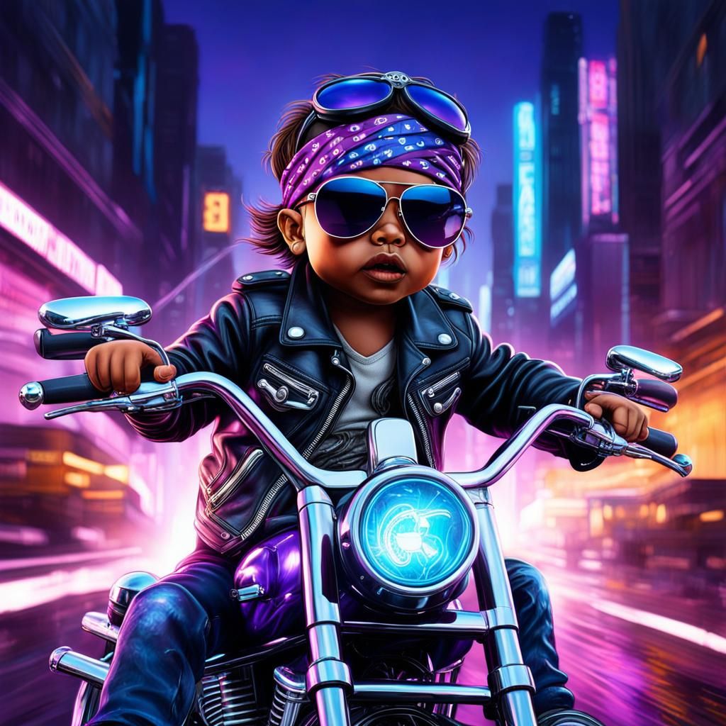 Toddler on Chopper in Dynamic Splash Art Style