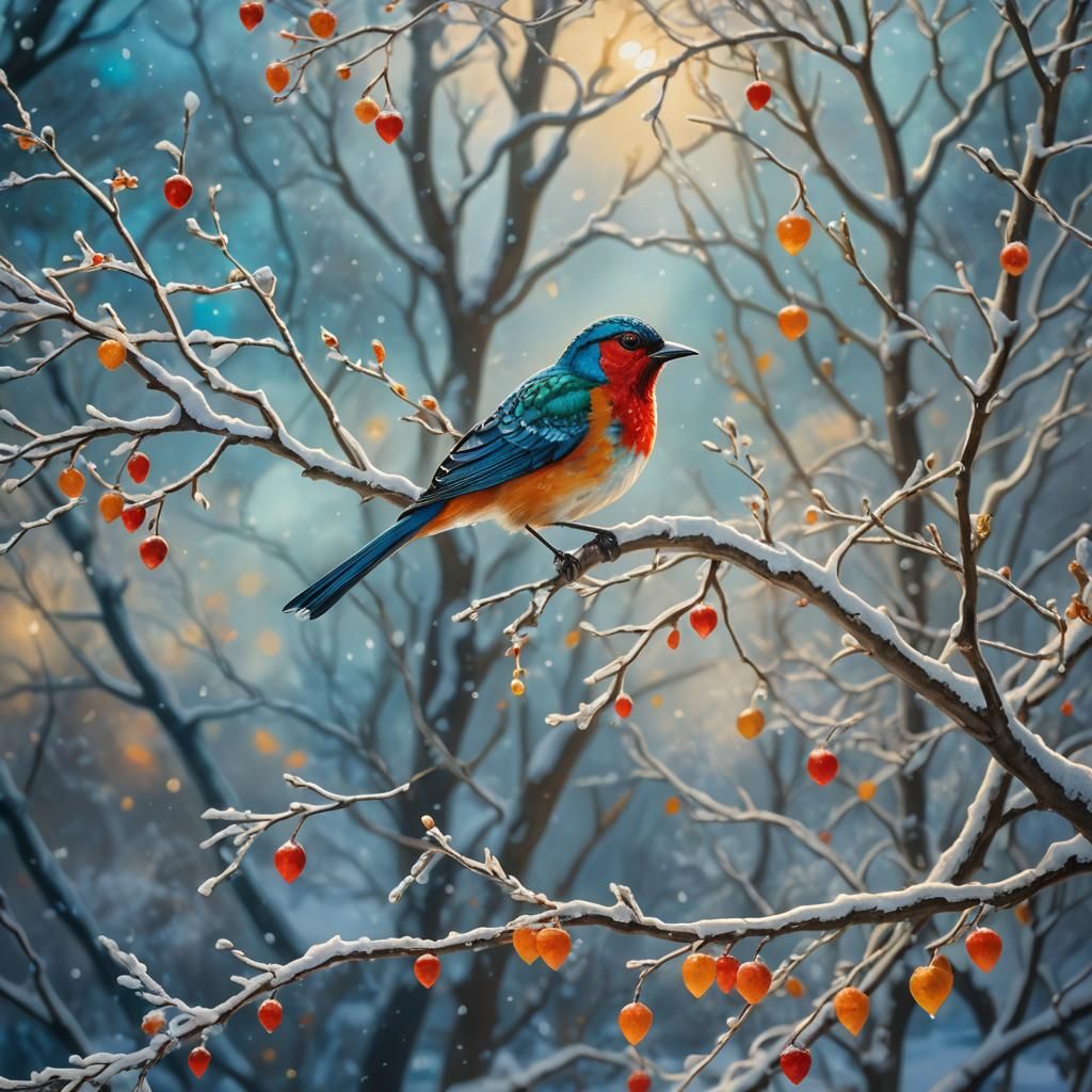 Surreal Winter Tree Bird in Dreamy Fantasy Style