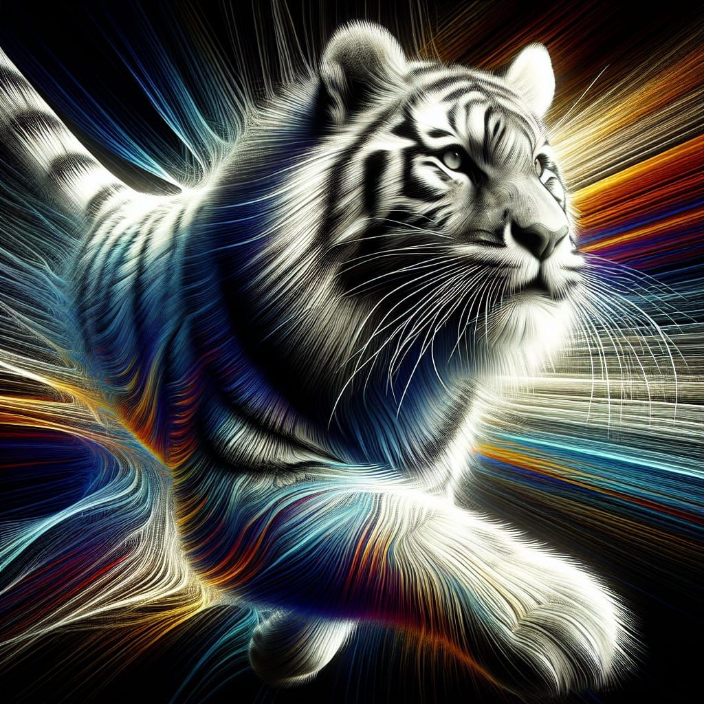 Create an image of a large cat with a tiger stripe pattern. The cat is in a dynamic pose