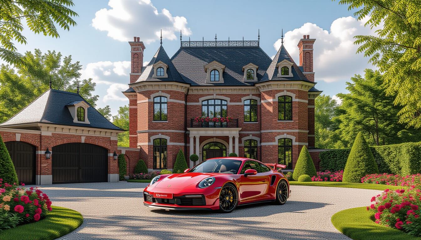 Victorian Chateau With Red Porsche 911