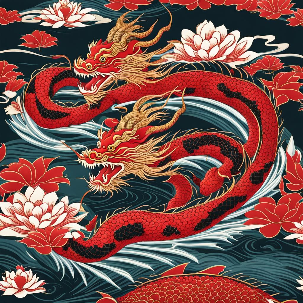 Majestic Red Dragon Over Koi Pond