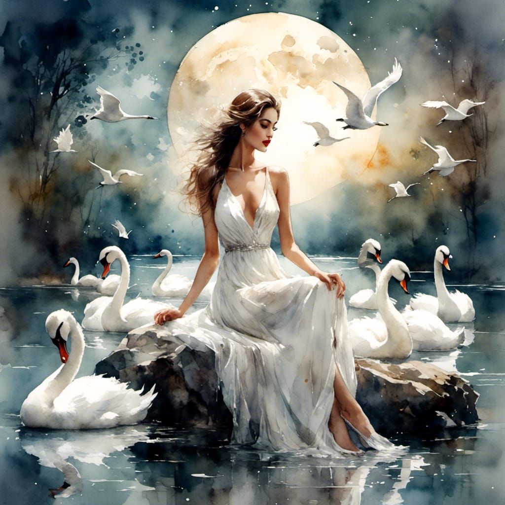 Dreamy Woman with Swans in Antique Watercolor Style