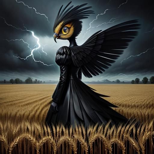 Surreal Feathered Creature in Stormy Wheat Field