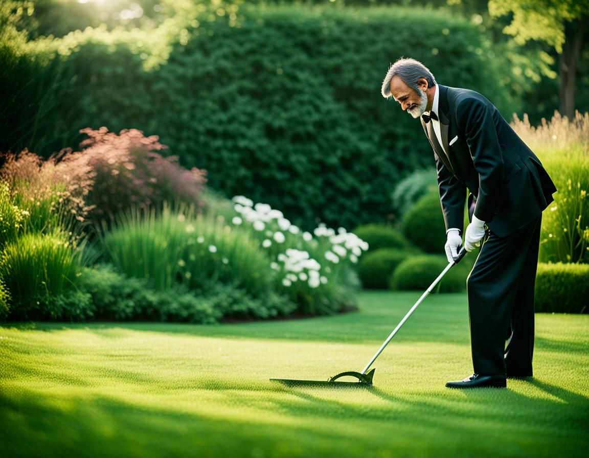 Man in Tuxedo Cuts Lawn: Professional Photography