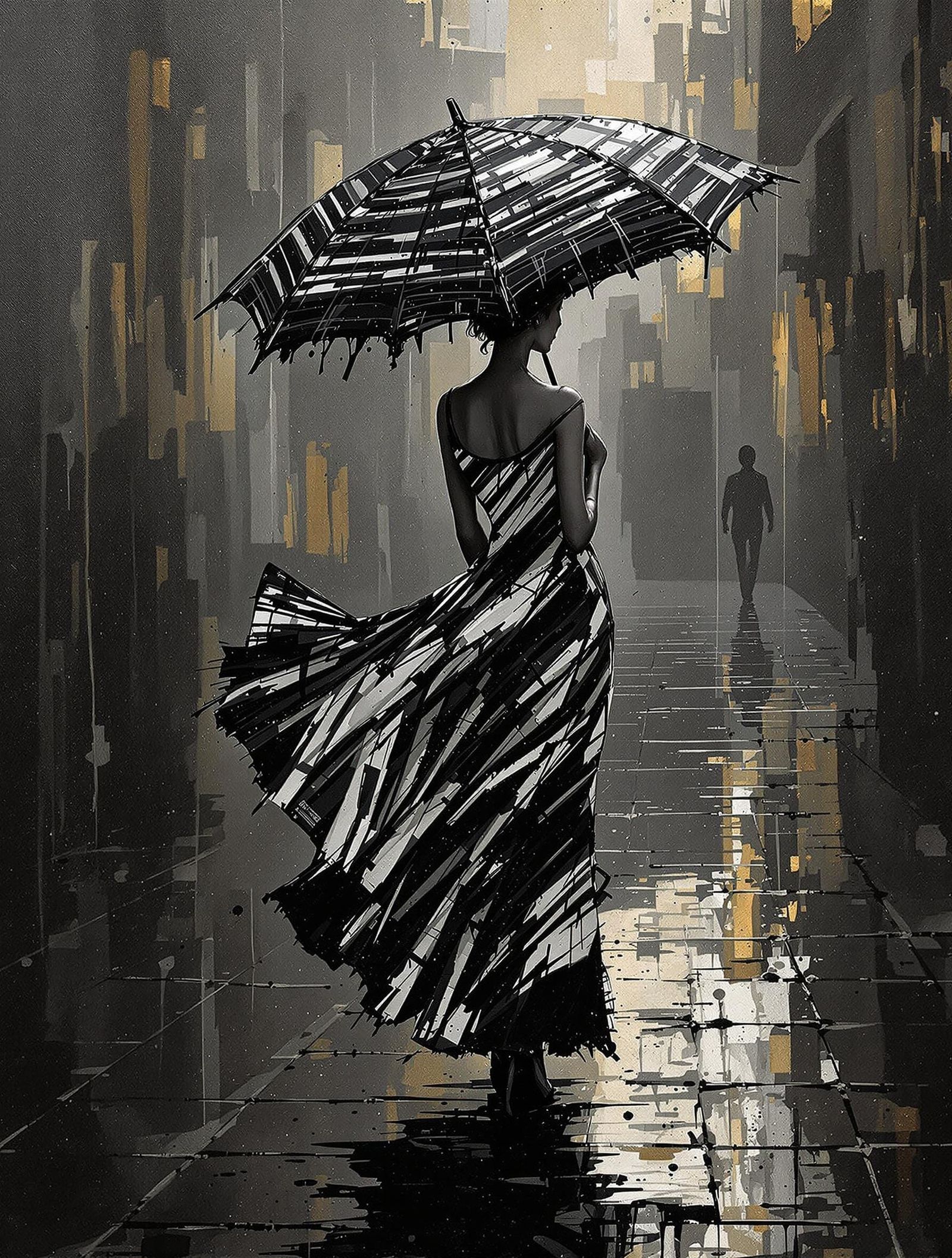 Woman in Striped Dress: Avant-Garde Oil Painting