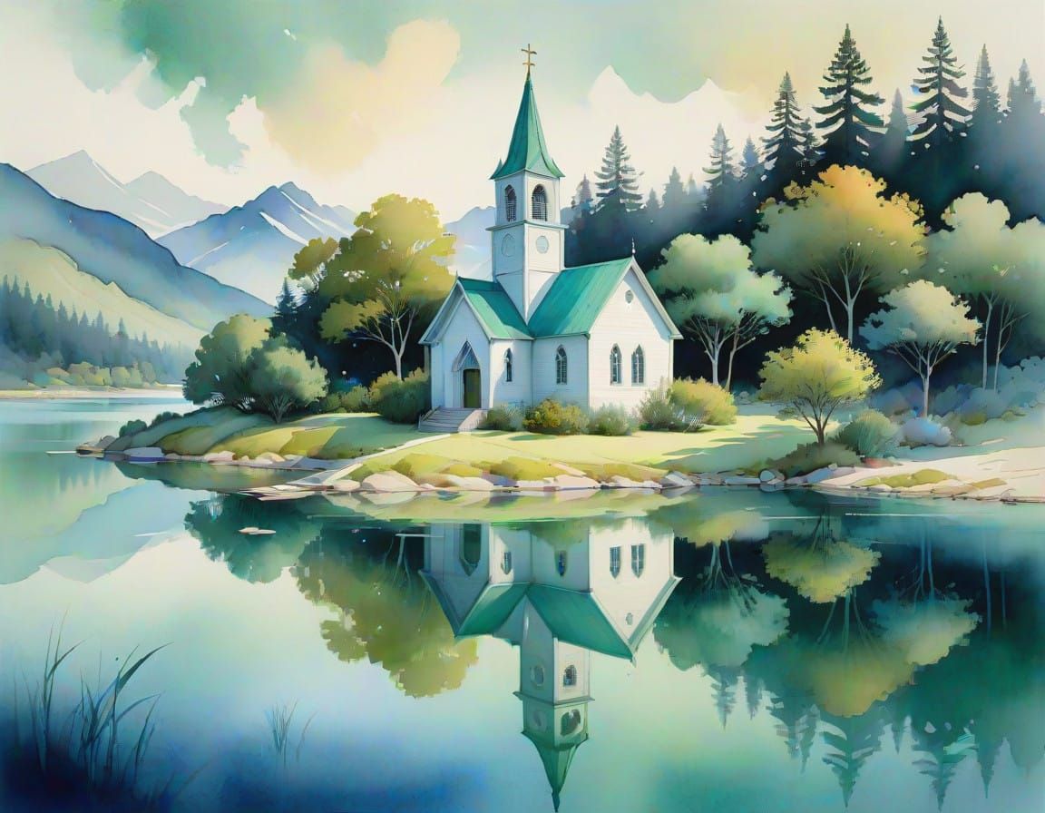 Ethereal Watercolor Church on a Secluded Island