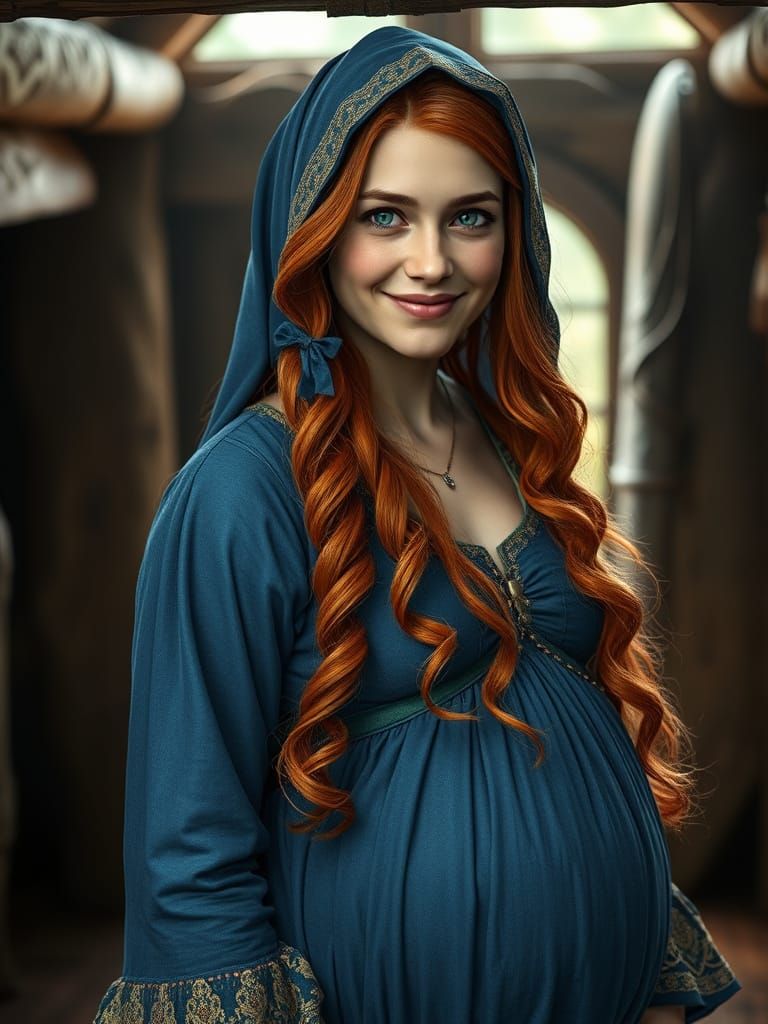 A Pregnant Medieval Maiden Smiles in Her Cozy Cottage