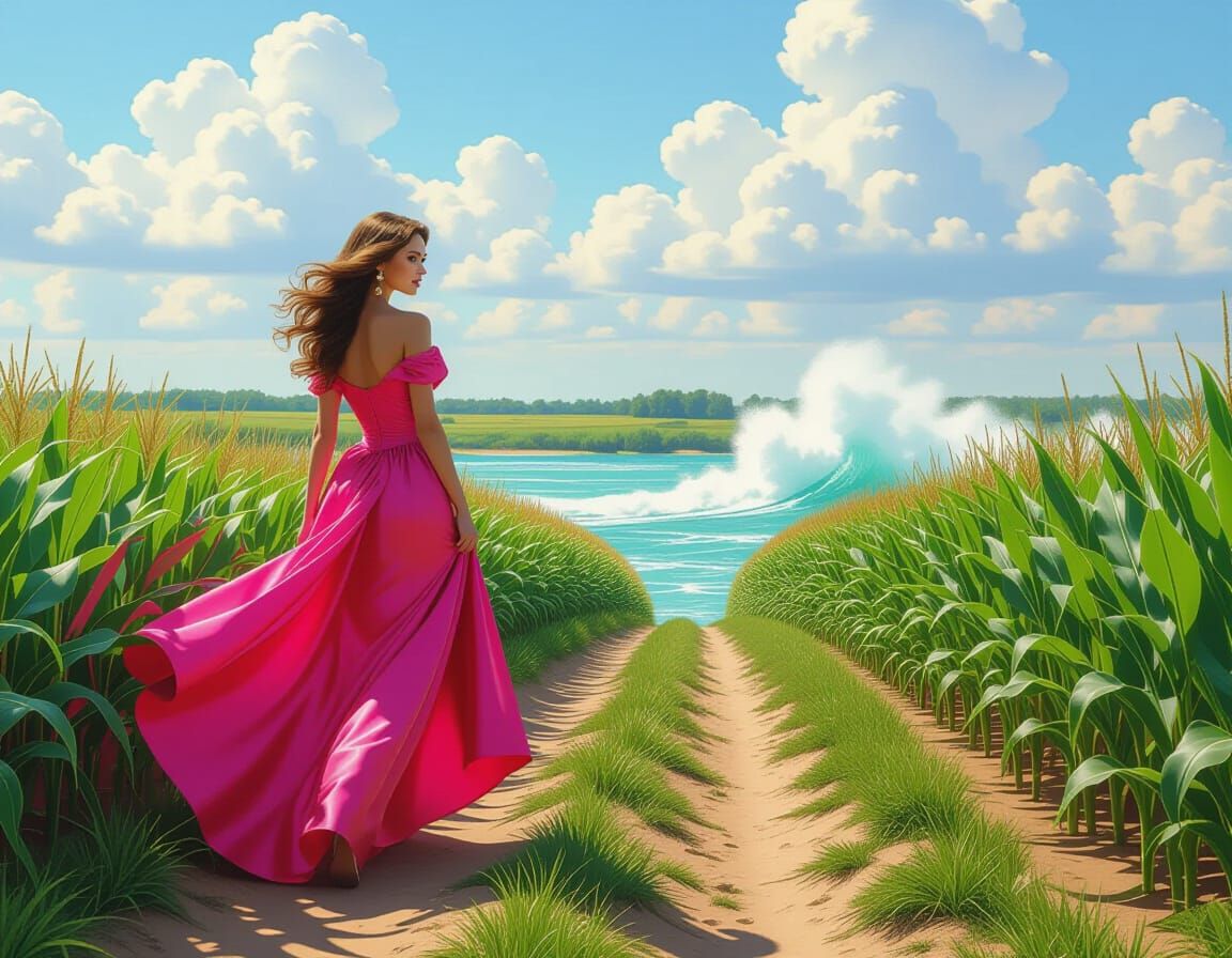 Princess in Pink Dress in Lush Cornfield
