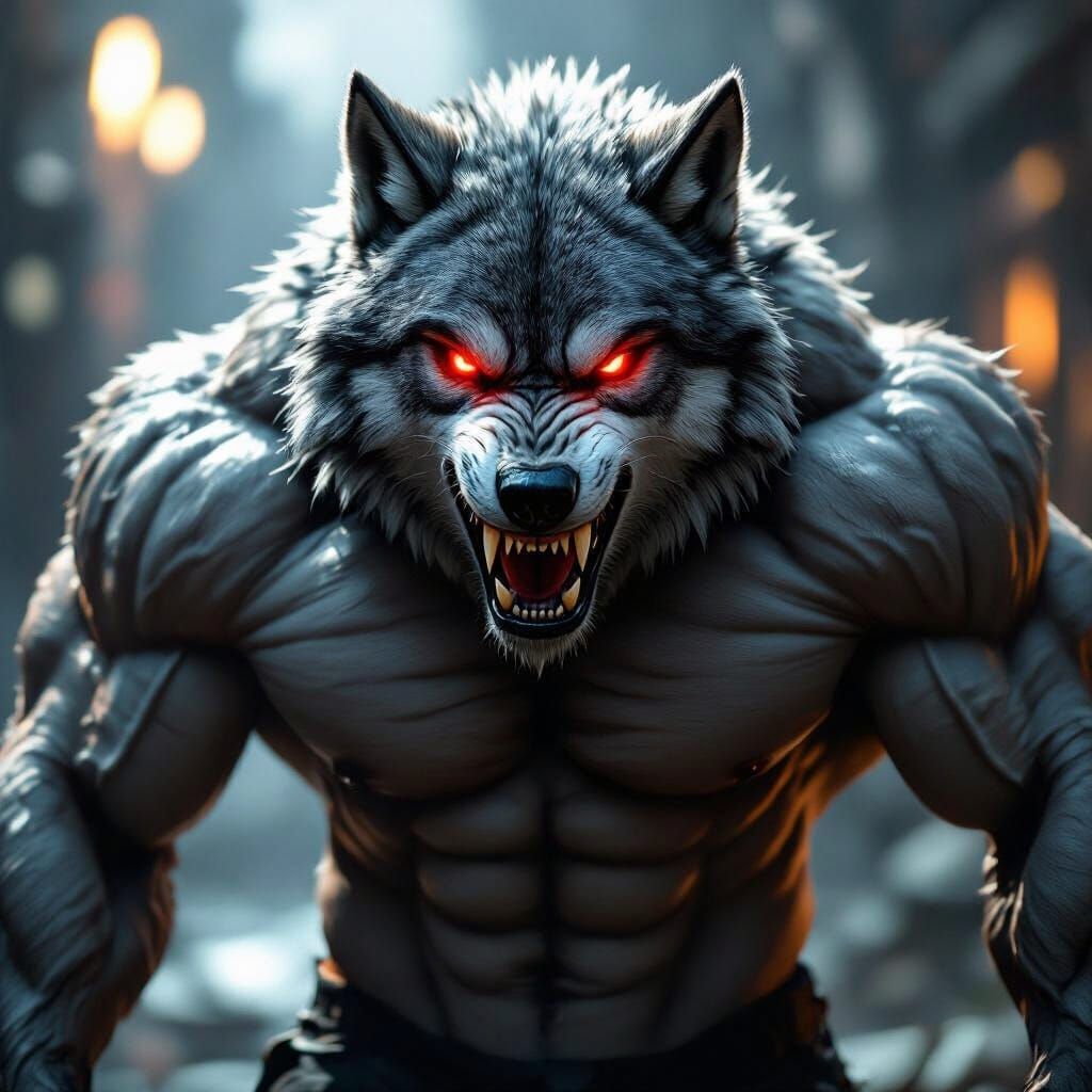 Muscular Alpha Wolf with Red Eyes in Dramatic Light