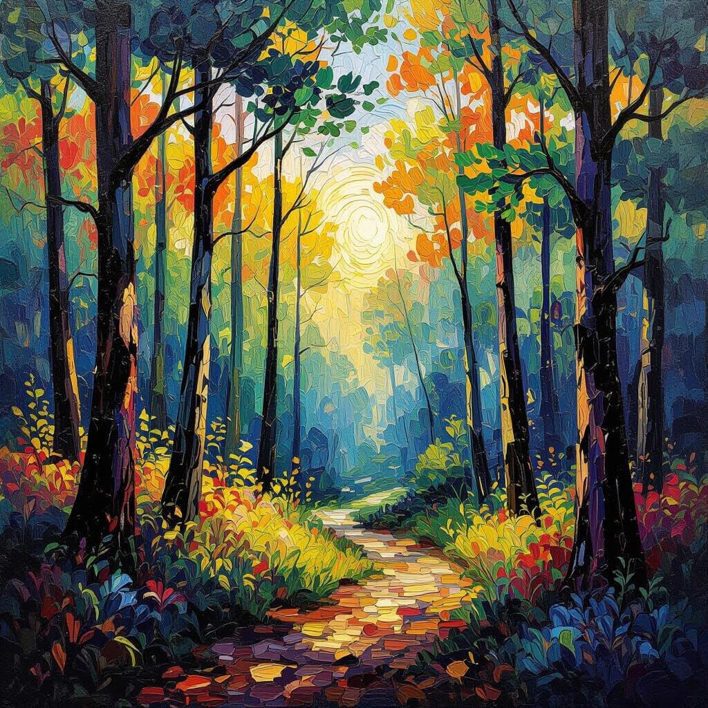 Vibrant Forest Scene in Neo-Impressionist Style