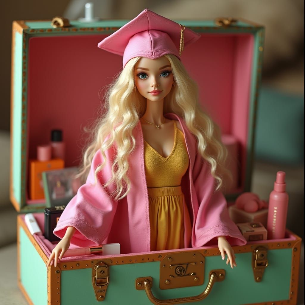 Graduation Doll in Luxury Trunk: Hyperrealistic Studio Shot