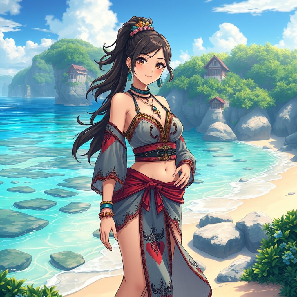 Anime Woman on Beach in Ghibli Style