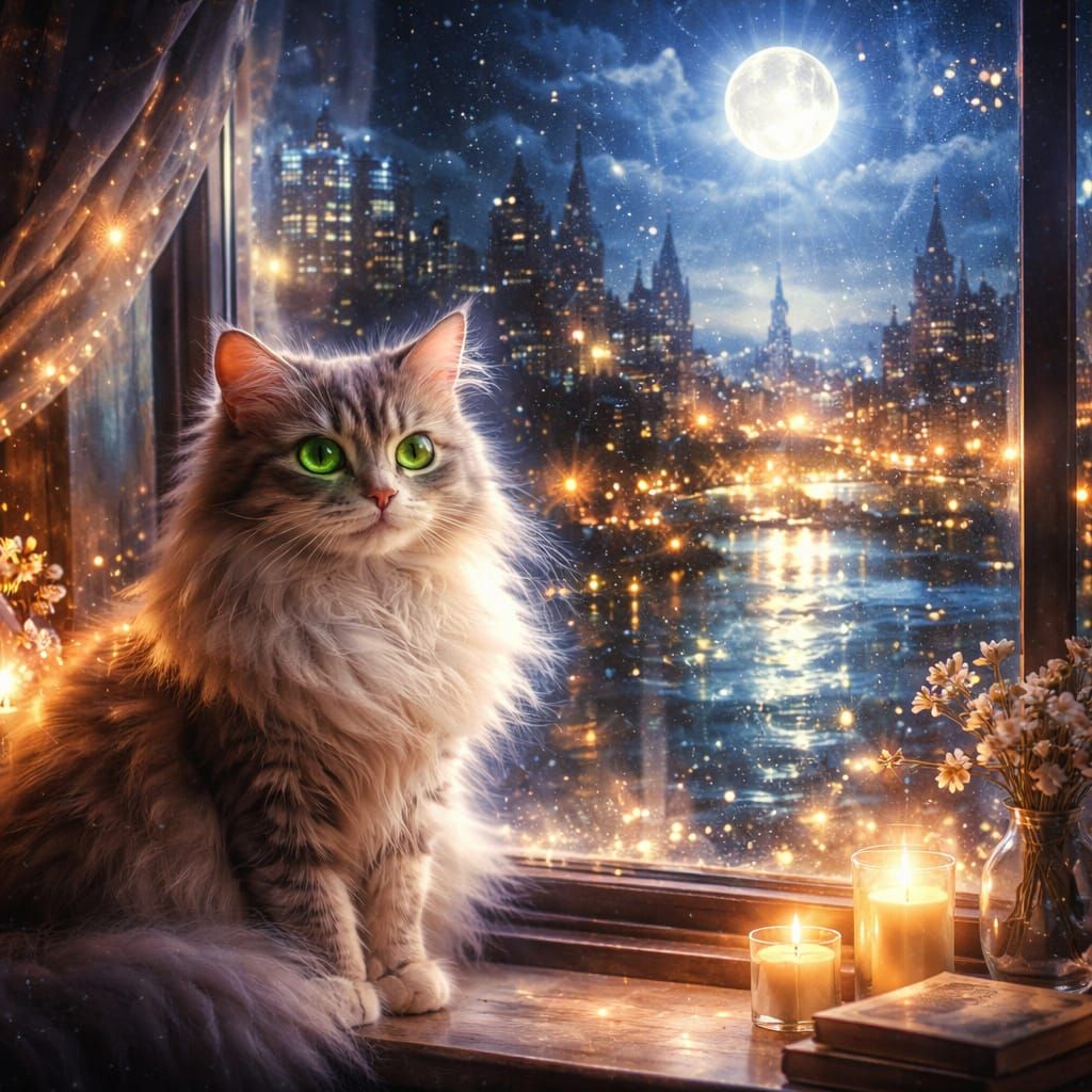 Fluffy Cat on Moonlit Sill, Dreamlike Cityscape