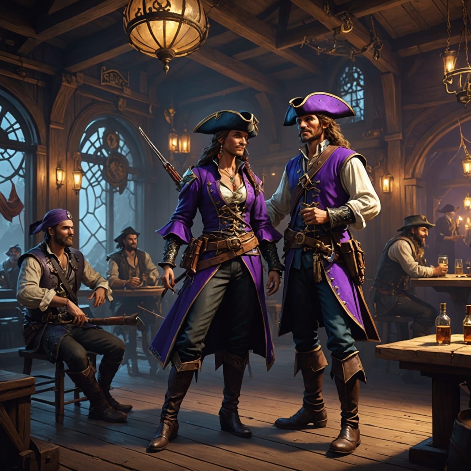 Pirate and Elf Archer Enjoying Saloon Music in Dark Fantasy