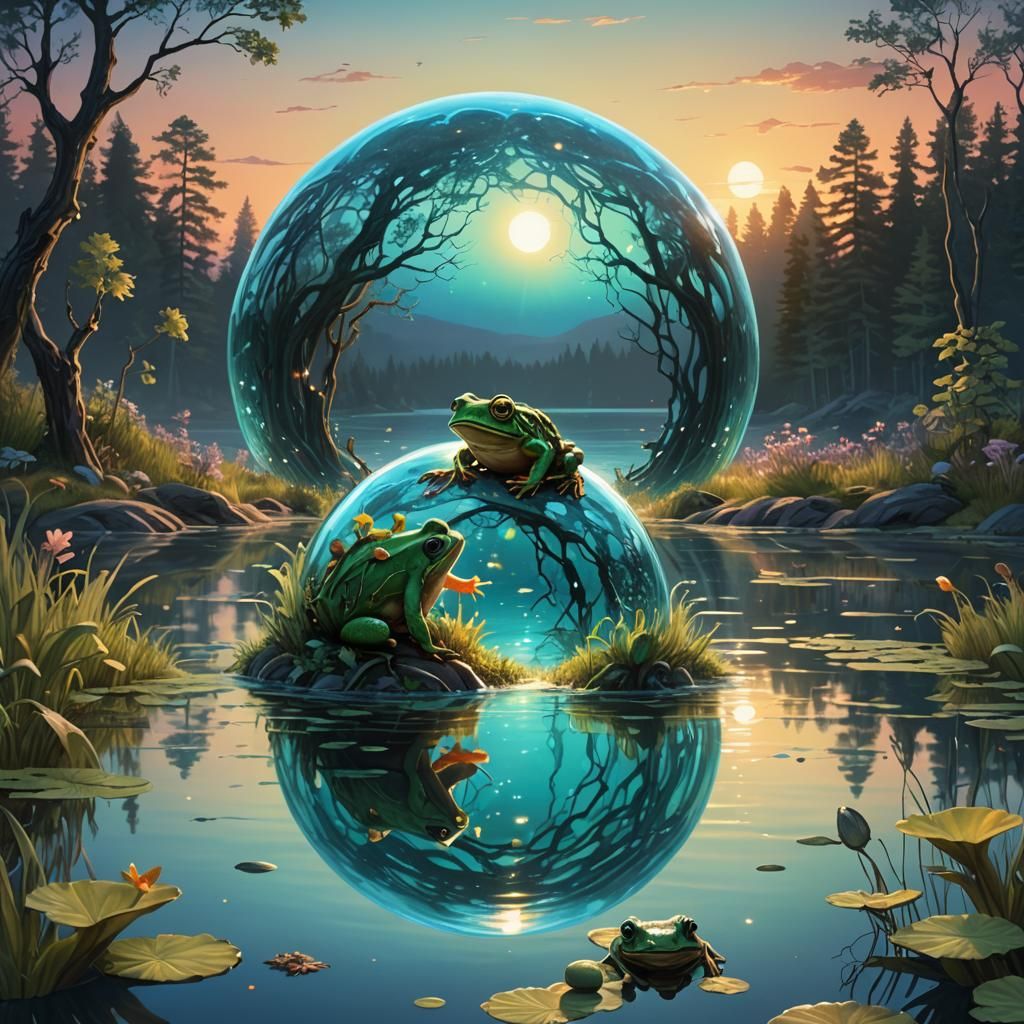 Bioluminescent Mother Nature Orb Reflected in Lakeside