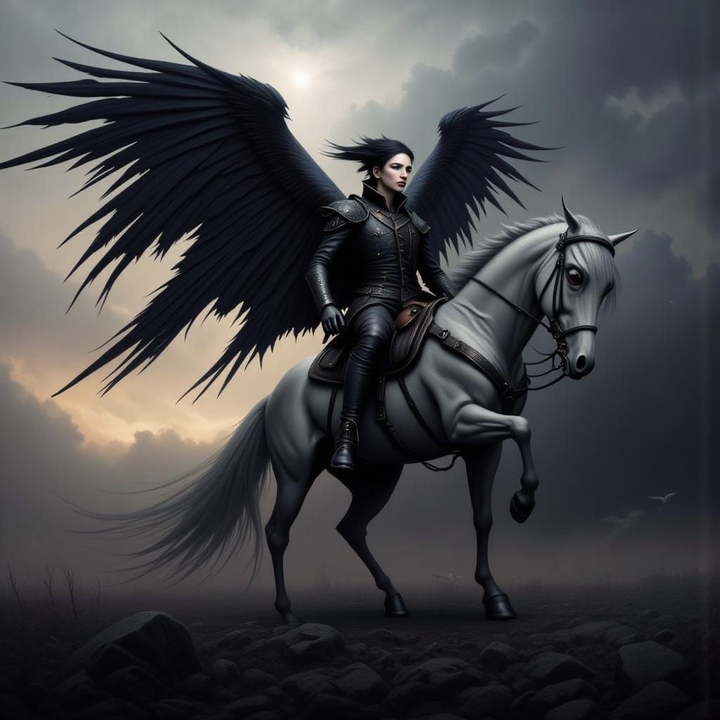 Dark Angel Riding a Mythical Flying Horse