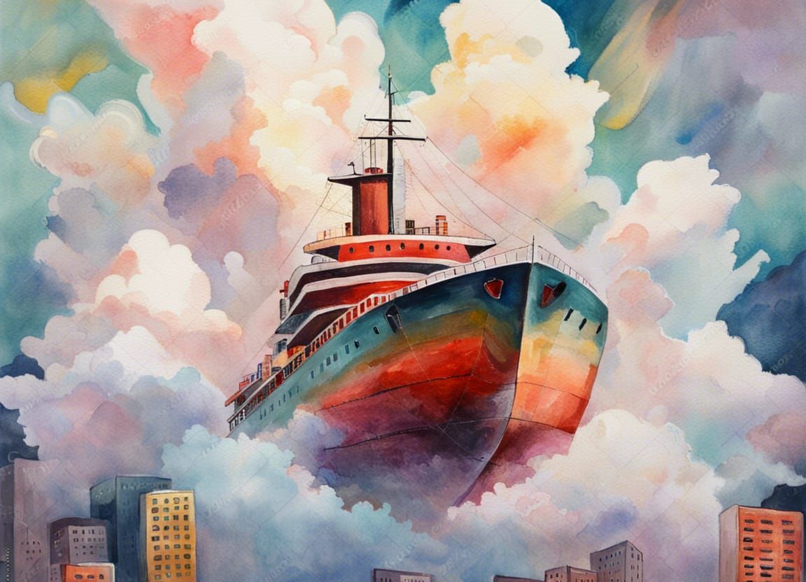 Ship on Cloud Between Skyscrapers, Impasto Gouache Style
