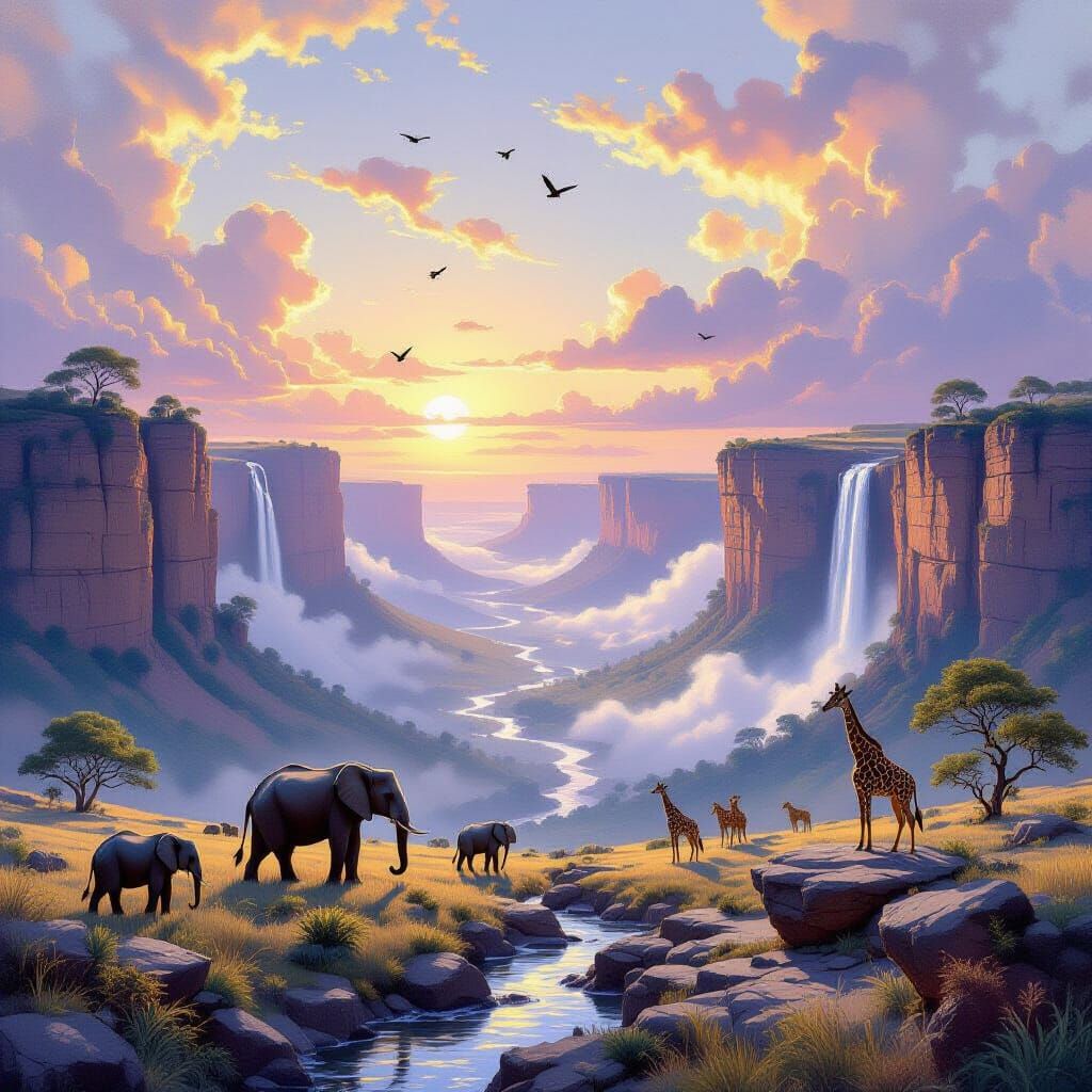 Majestic Valley with Wildlife in Painterly Oil-Canvas Style