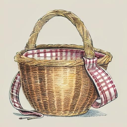 Hand-Drawn Wicker Creel Basket with Plaid Strap