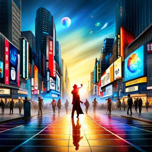 Futuristic Metropolis with Holographic Street Performers