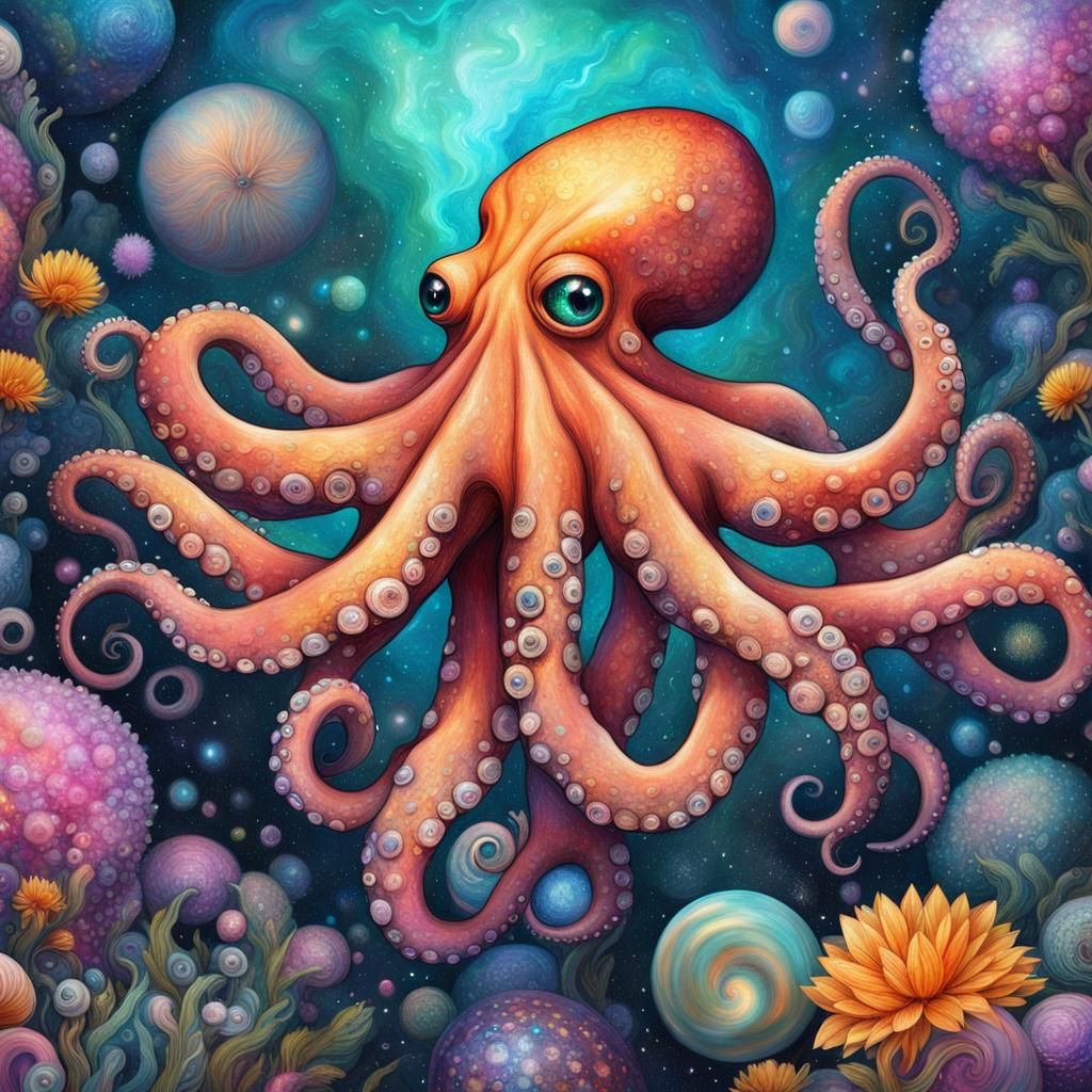 Octopus Garden with Galaxy Eyes: Cosmic Illustration