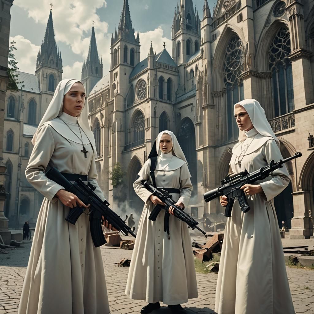 Surreal Nun with Machine Gun in Ethereal Scene